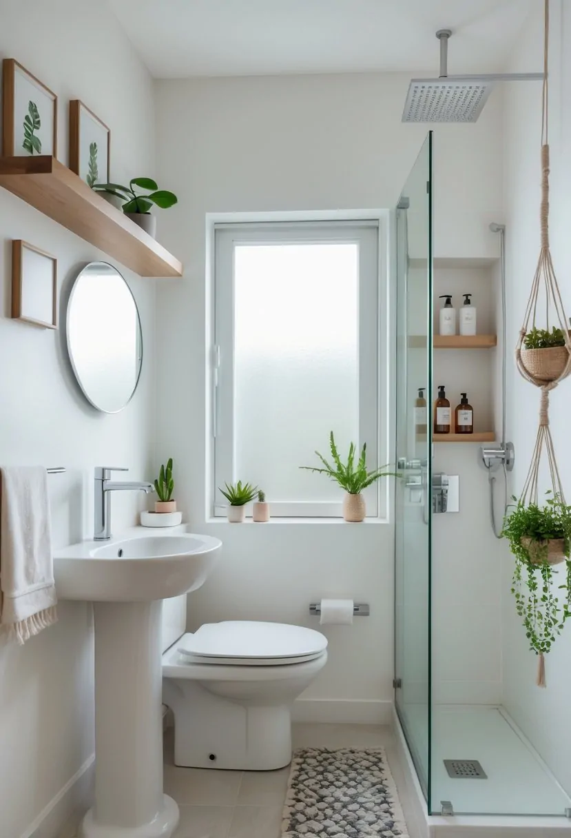 A small bathroom featuring a sink, mirror, shelves with towels and plants, framed wall art, a hanging plant, and a corner shower with glass doors.