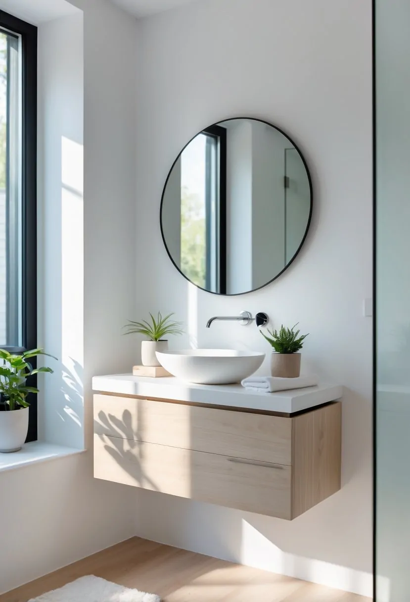A small bathroom with a floating vanity mounted on the wall, a vessel sink, a round mirror, and decorative items like a plant and towels.