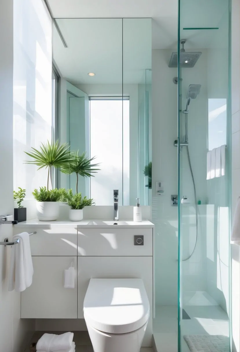A small bathroom with large mirrors, a white vanity, glass shower, and plants that make the space appear larger and brighter.