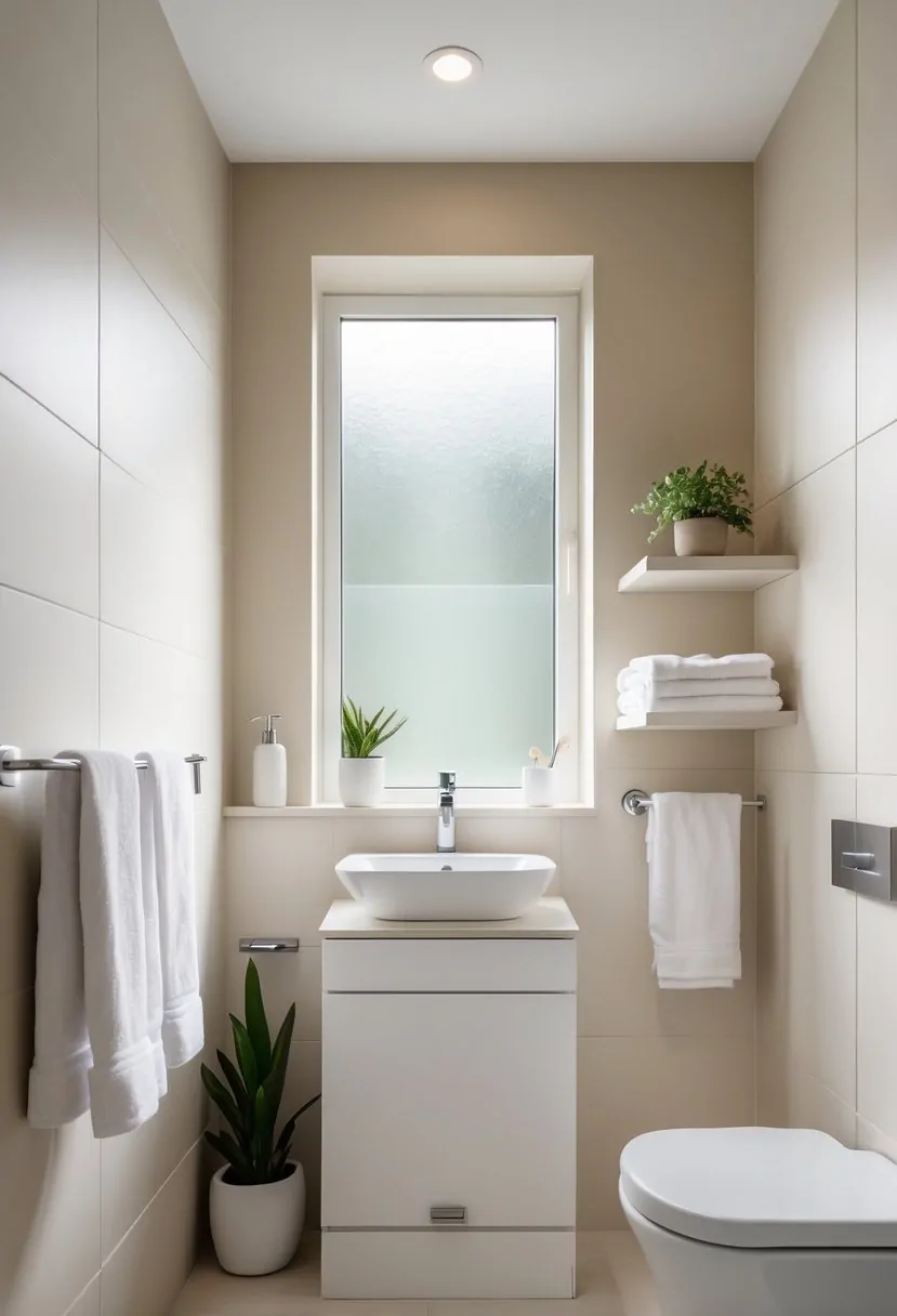 A small bathroom with light-colored walls, a white vanity, a mirror, a small plant, and neatly folded towels.
