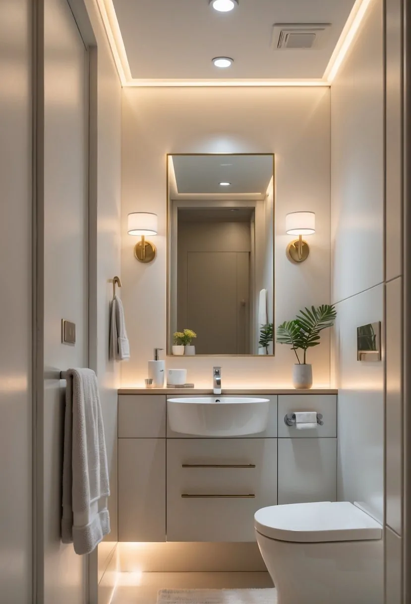 A small bathroom with recessed ceiling lights and wall sconces illuminating a vanity area with a mirror and decorative items.