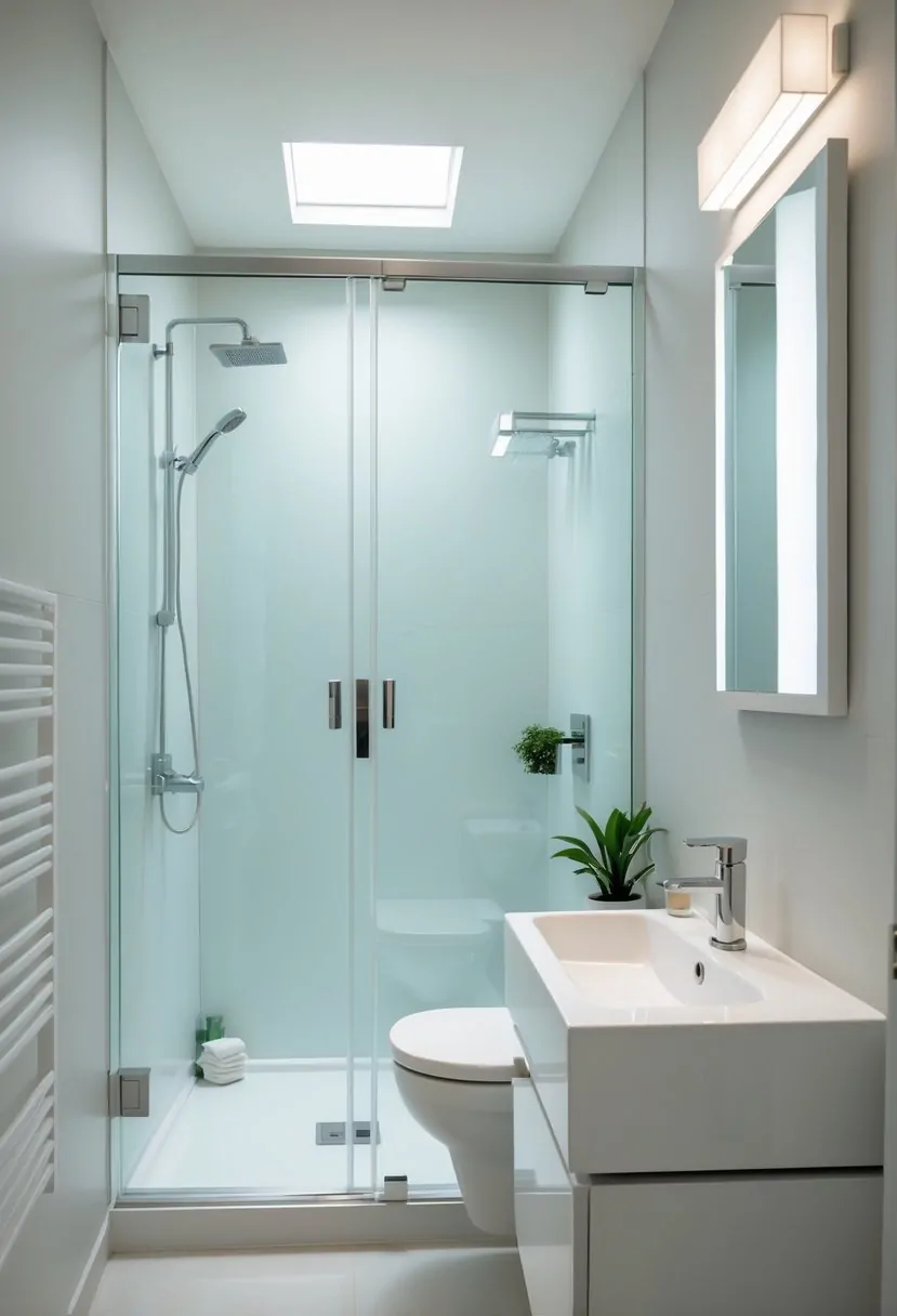 A small bathroom with clear glass shower doors, a compact vanity, and a small potted plant.