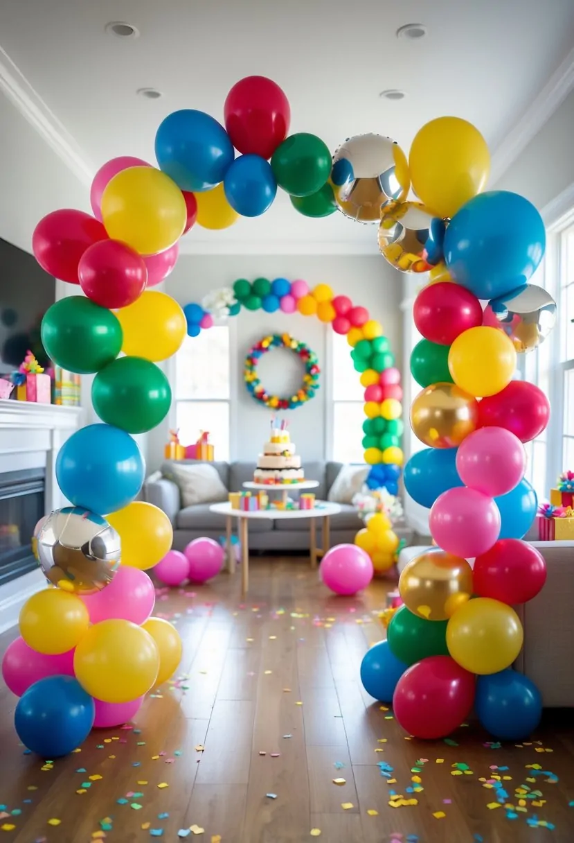 Five colorful balloon arches made from latex and foil balloons decorating a bright living room for a birthday party.