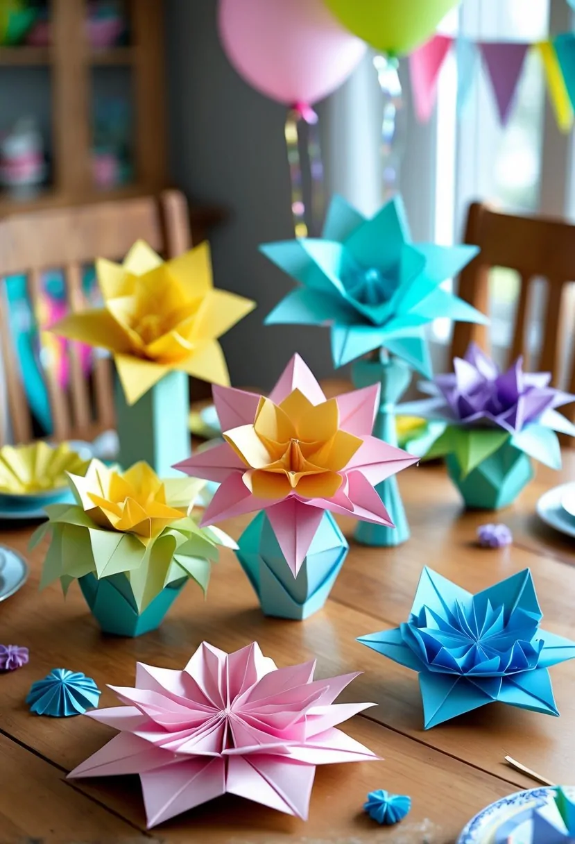 Table with colorful origami paper flowers arranged as centerpieces for a birthday celebration at home.