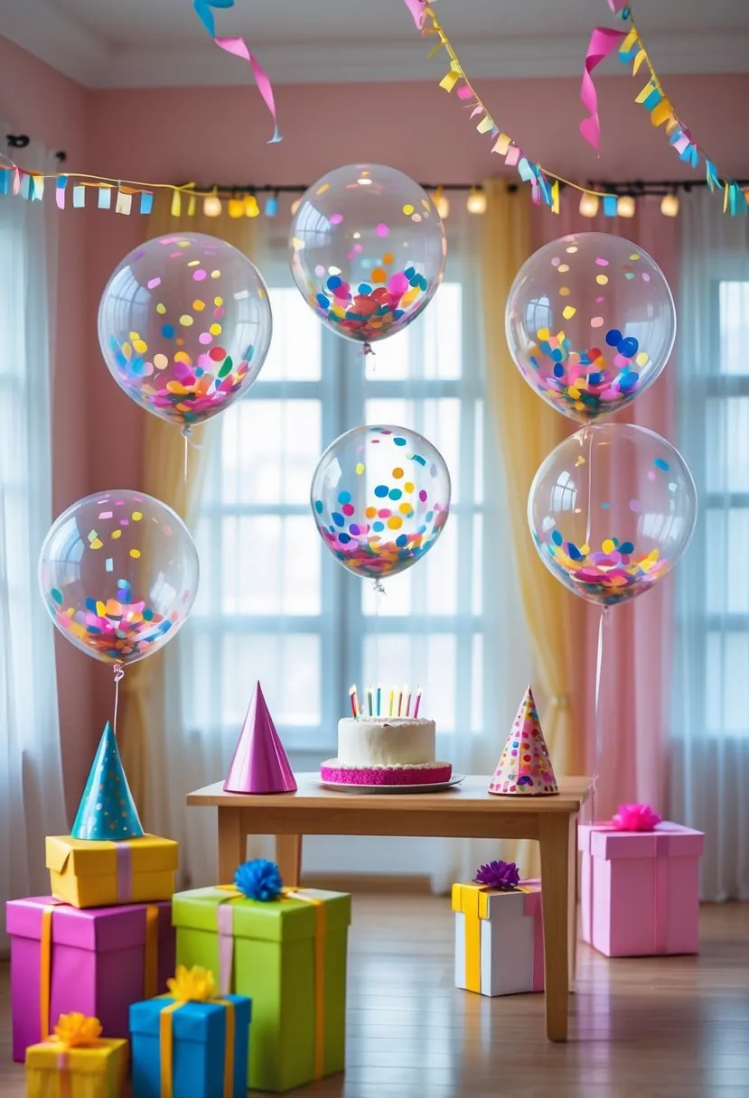 A festive home setting with transparent balloons filled with colorful confetti floating among birthday decorations including a cake, party hats, gift boxes, and streamers.