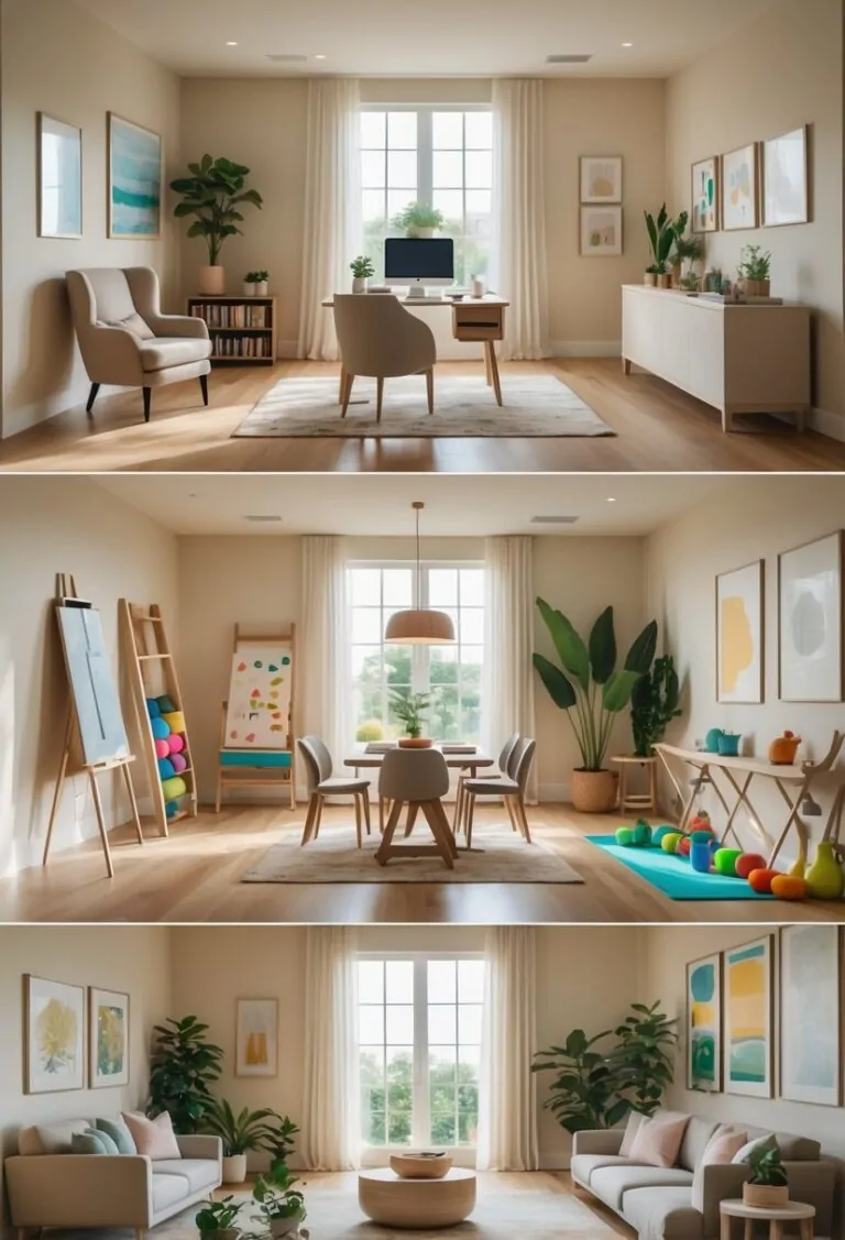 A spacious home interior divided into seven zones including a reading nook, home office, art corner, dining area, play zone, workout space, and lounge area.