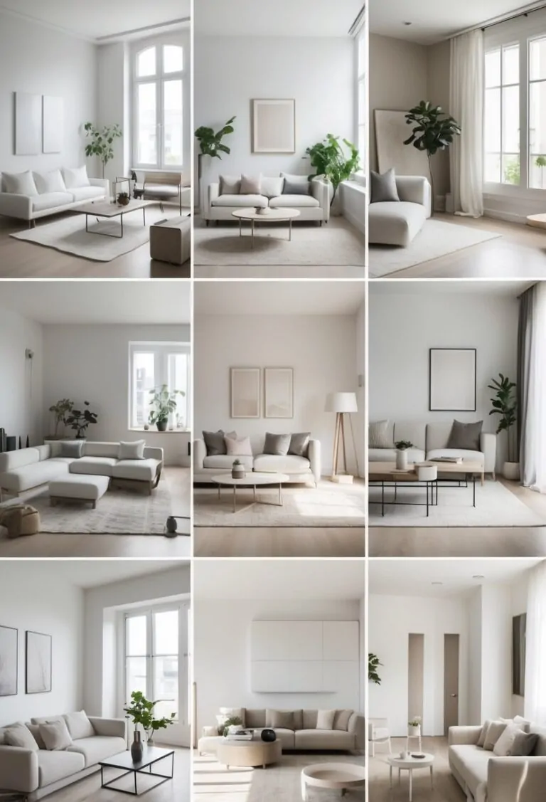 Seven different living rooms with simple furniture, neutral colors, and natural light.