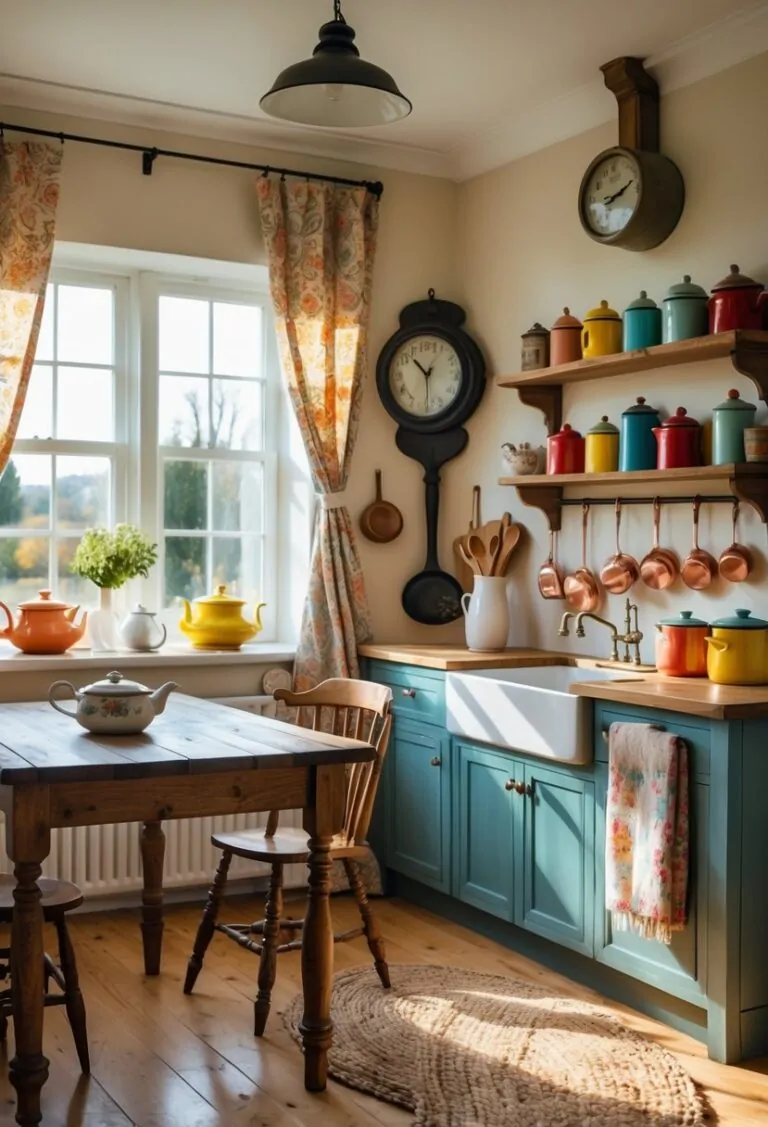 A cozy kitchen interior featuring seven vintage decor elements including a wooden table with a tea set, patterned curtains, ceramic canisters, a spice rack, a metal clock, hanging copper pots, and a braided rug.