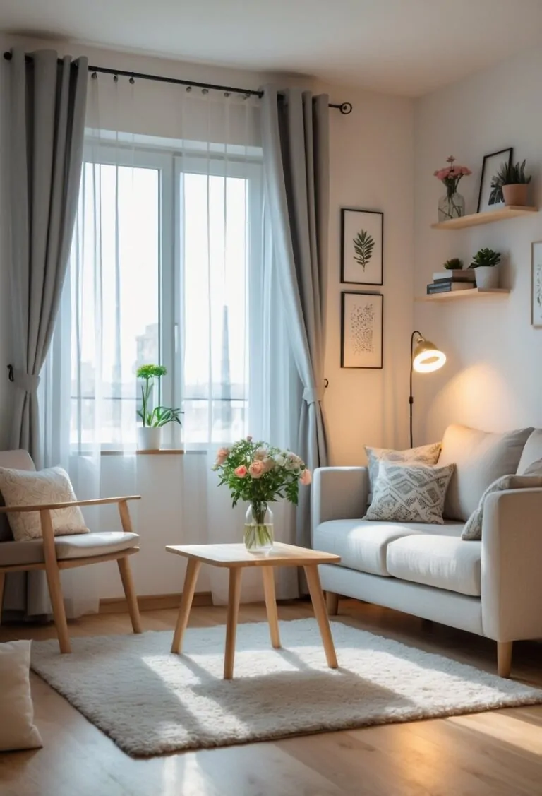 A small living room with a sofa, coffee table, plants, and natural light coming through a window.