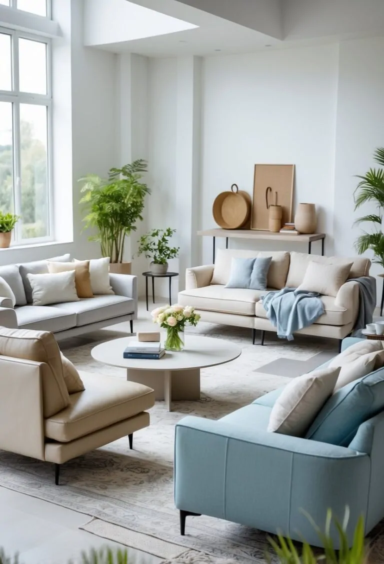 A bright living room with several sofas arranged around a coffee table, decorated with cushions, plants, and natural light coming through large windows.