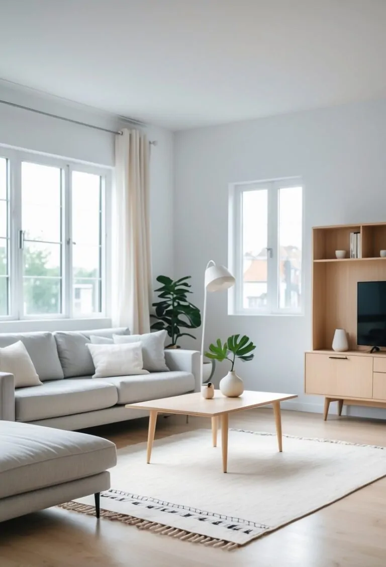 A bright living room with a gray sofa, wooden coffee table, bookshelf, and natural light coming through large windows.