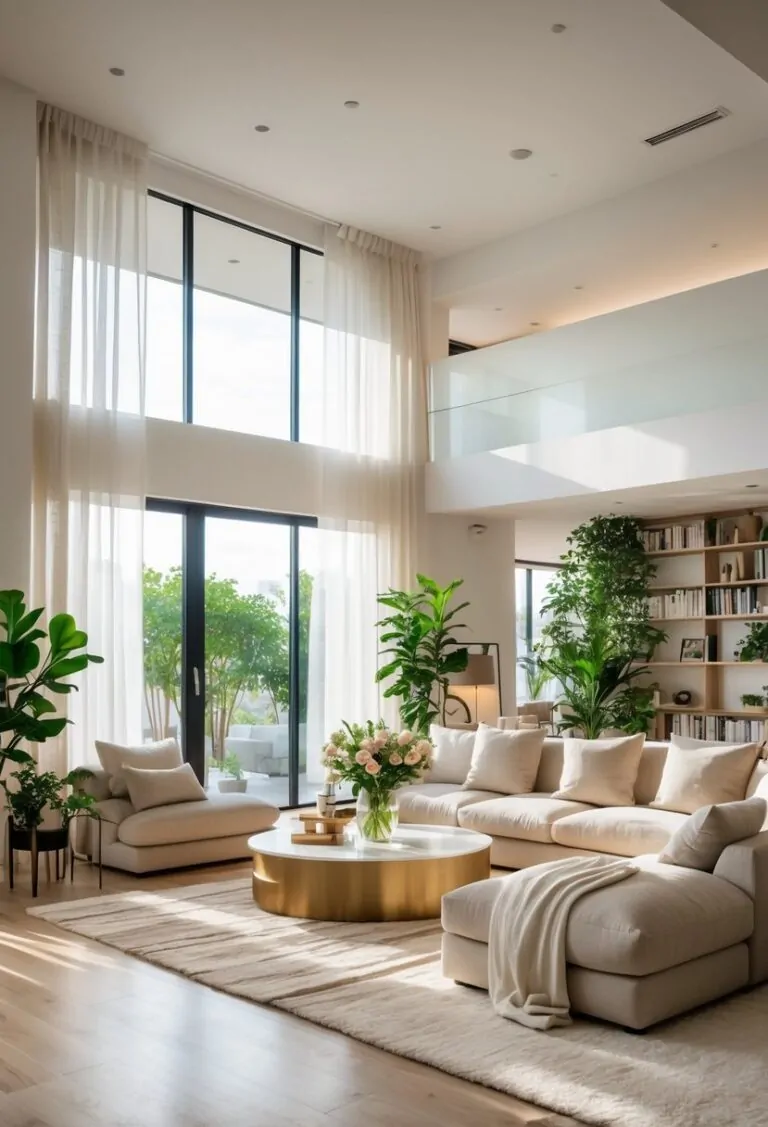 A bright living room with a large sofa, coffee table with flowers, indoor plants, and floor-to-ceiling windows letting in natural light.