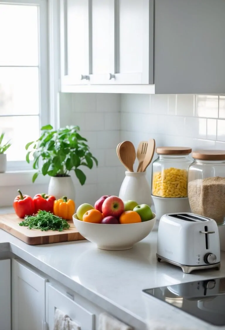 A kitchen countertop decorated with fresh vegetables, a fruit bowl, glass jars, a plant, and kitchen utensils.