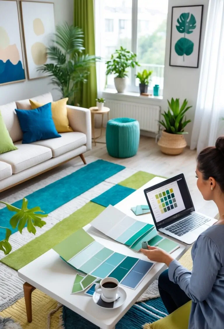 A person comparing paint swatches and fabric samples in a bright living room with colorful pillows, plants, and design materials on a table.
